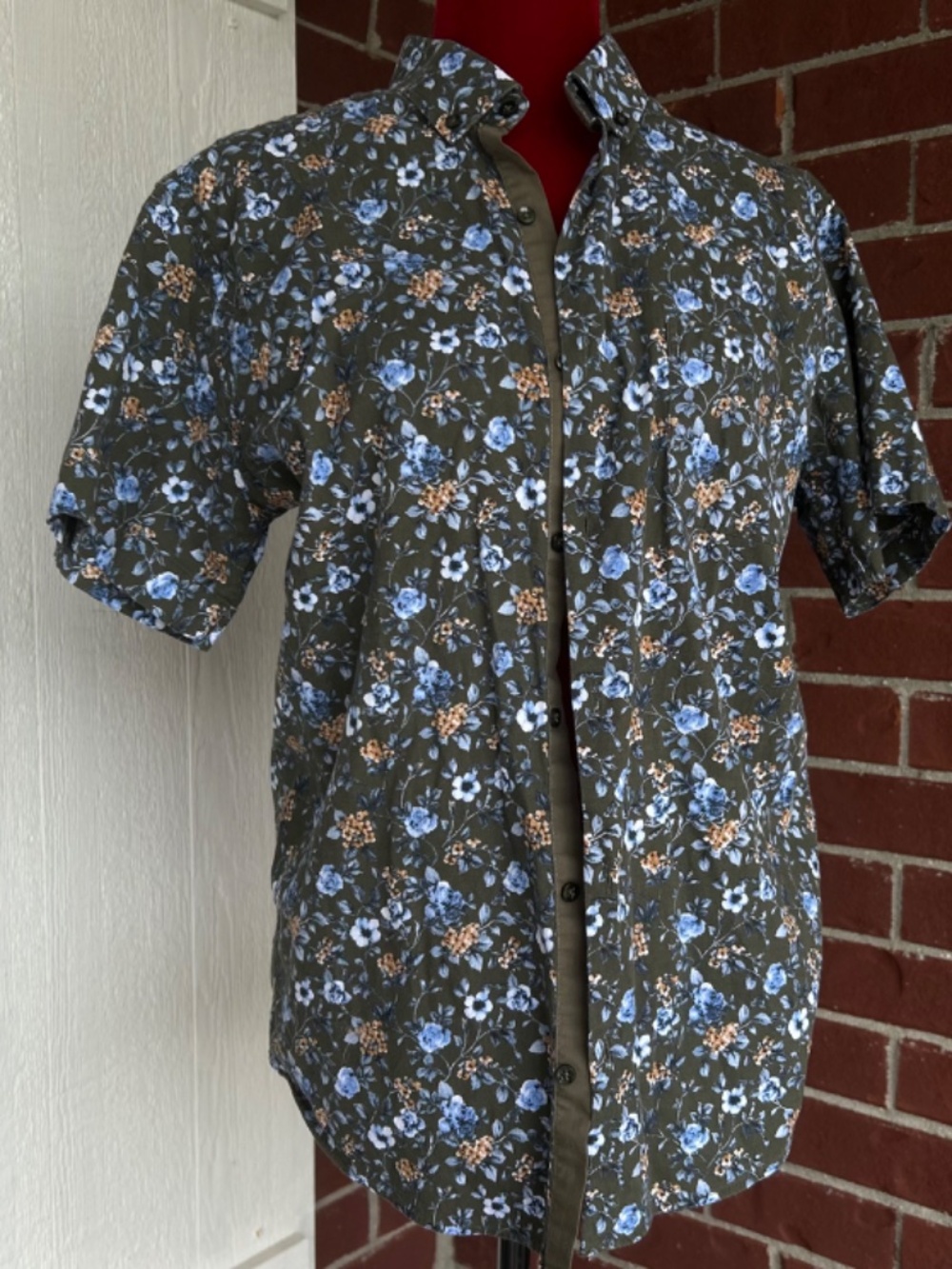 Mens Floral Shirt Large Olive Green Blue Button Up Casual Indie Minimalist Shirt